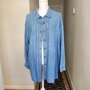 Vintage Russ Blue Denim Shirt Jacket Shacket 2X Floral Embroidery